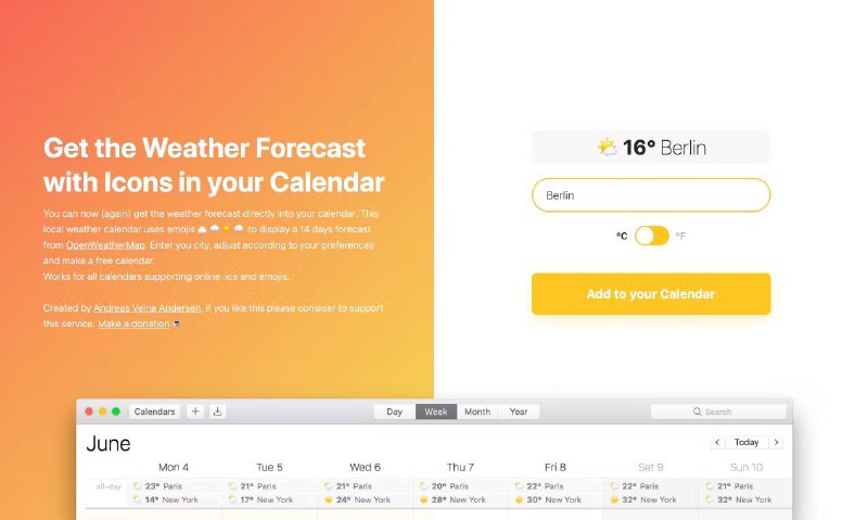 #Web #GitHub ⛅️ 为你的日历增加天气预报功能 —— Weather in Calendar📅 如果你是日历的重度用户，是否希望在检查当日事项的同时了解当日的天气情况