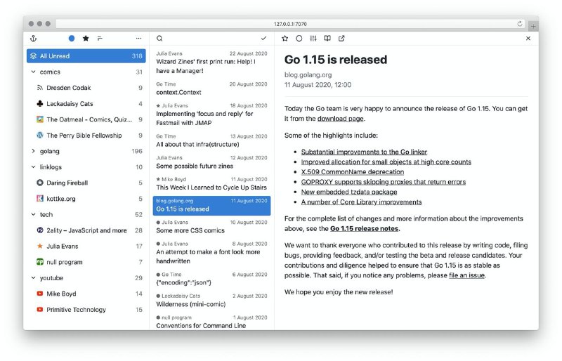 #RSS #App #Web📚 yarr：RSS 阅读器中，你又多了一个选择🔗：GitHub | Releses👉 Features：- 轻量化，Linux/macOS/Windows 多平台支持；- 支持导出和导入 opml 订阅列表；- 三栏分布，订阅源、消息标题、消息概要可以很好的浏览- 支持订阅分组功能；- 筛选和收藏功能齐全，支持根据时间先后进行排序；👀 在遭遇到一些明理人都懂的动荡之后，还能够看到有人做本地化部署的 RSS 阅读器还是蛮欣喜的，爱 RSS 的人都是可爱的人