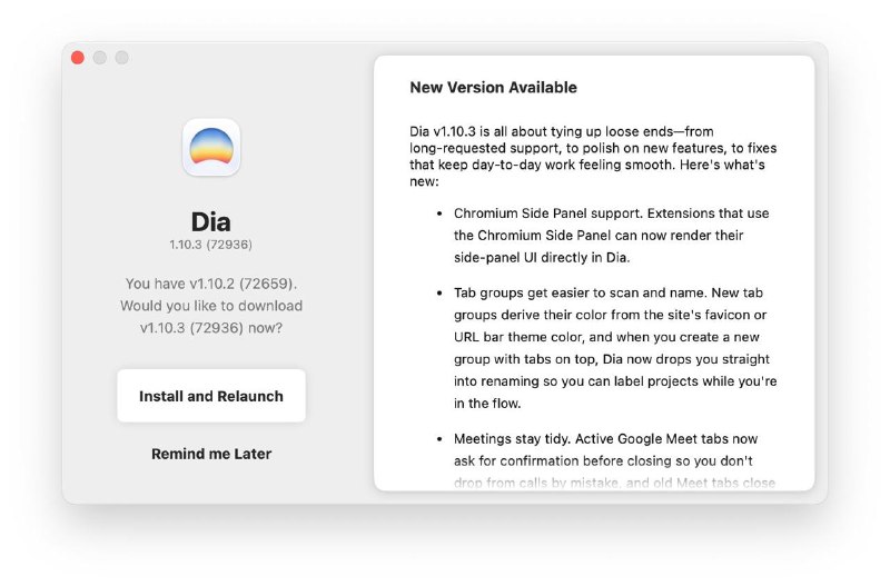 #App #Chrome #Mac #Dia😀 Dia 终于支持 Chromium 内核的 Side Panel 特性了原来 Arc 也是阉割掉了这个特性，导致很多使用 side-panel API 的拓展都无法使用，现在终于好了，也算是某种程度上的史诗级更新了！