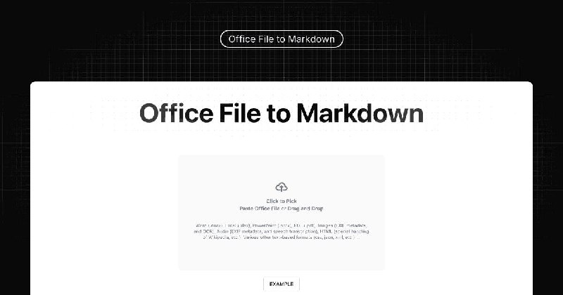 #Web✒️ 将文件转换成 Markdown —— Office File to Markdown📒 Office File to Markdown 工具是一个在线转换工具，允许用户将各种 Office 文件（如 Word、Excel、PowerPoint）、PDF、图片、音频、HTML 以及其他文本格式（如 CSV、JSON、XML）转换为 Markdown 格式