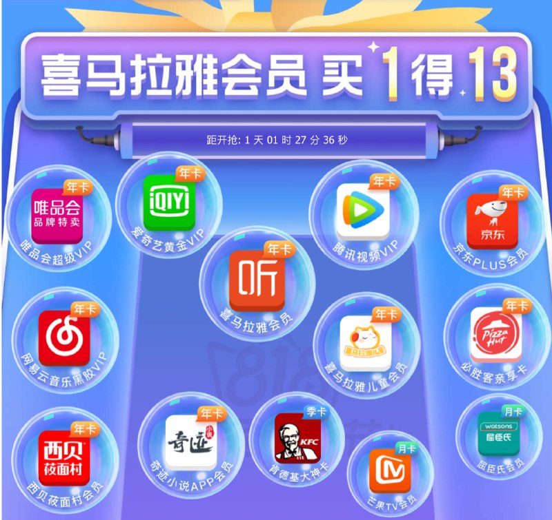 #App #Discount🎉 喜马拉雅推出 818 会员宠爱节，只需要买喜马拉雅年卡，就能获赠 13 种平台的会员，具体包含：💳 年卡会员（10家）：喜马拉雅会员年卡 + 腾讯视频 VIP 年卡 + 爱奇艺黄金 VIP 年卡 + 京东 PLUS 会员年卡 + 网易云黑胶会员年卡 + 唯品会超级 VIP 年卡 + 喜马拉雅儿童会员年卡 + 西贝筱面村会员年卡 + 必胜客亲享卡年卡 + 奇迹小说 APP 会员年卡；🎫 季卡&月卡会员（3家）：肯德基大神卡季卡 + 芒果 TV 会员月卡 + 屈臣氏会员月卡；🧾 活动价：￥218🔗：规则｜活动页面